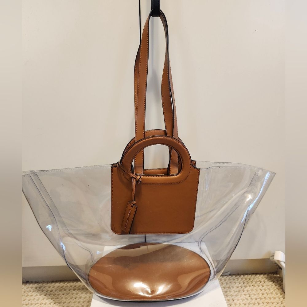 Vince Camuto "Lena" Large Clear PVC Tote Tan Leather Trim Bag Original Ret. $148